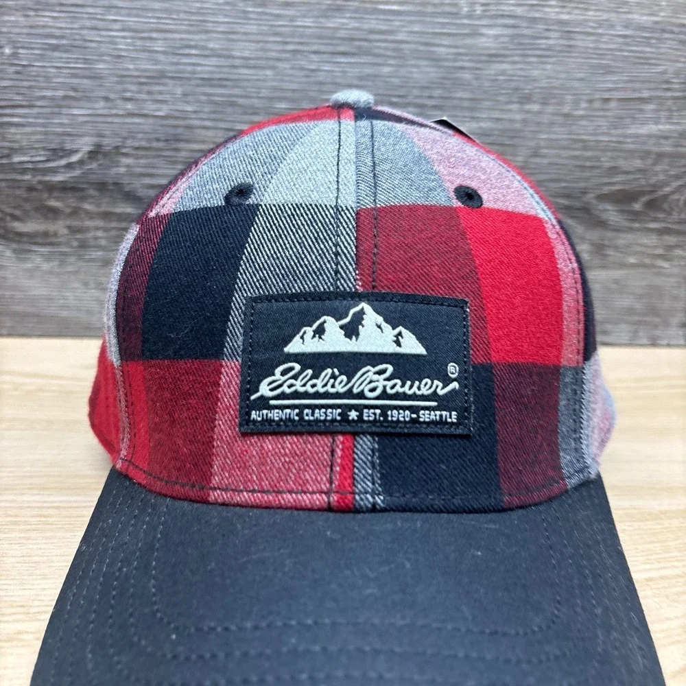 Eddie Bauer Hat Cap Strap Back Red Black Buffalo Check Plaid Flannel Outdoor NWT
